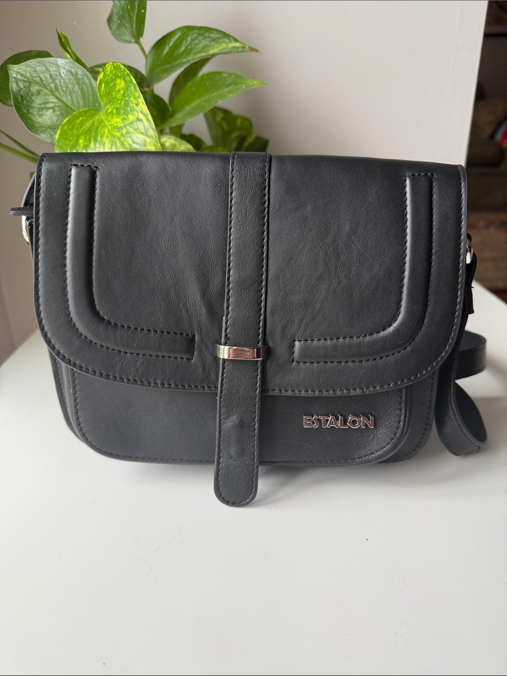 Estalon Black Leather Crossbody Bag